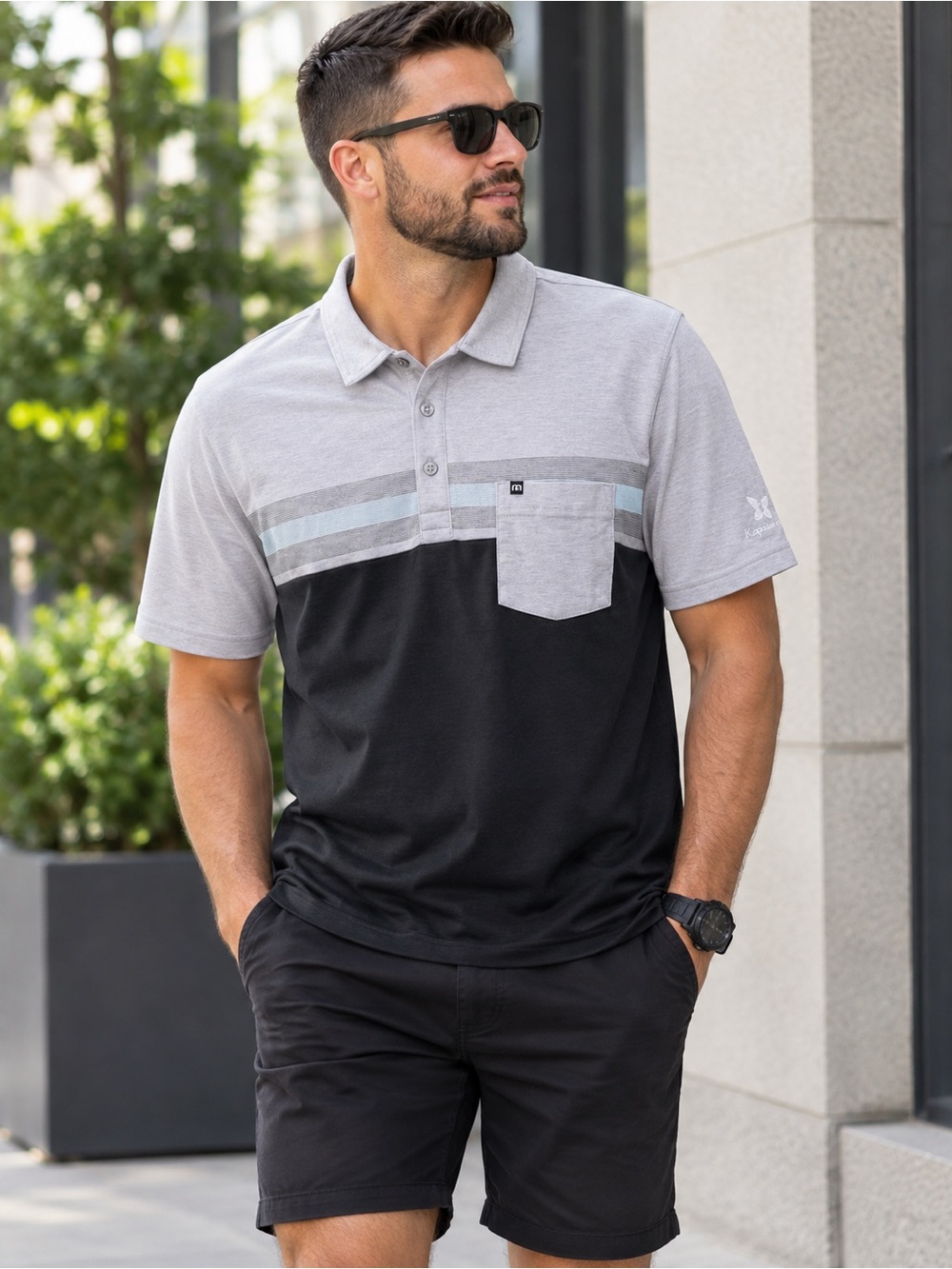 Travis Mathew Two-Tone Polo in Light Gray & Black with Chest Pocket